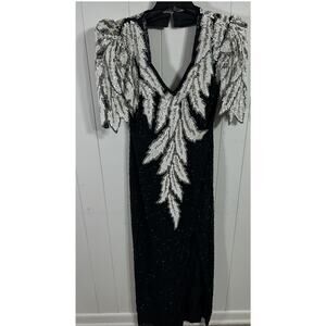 Vintage No Label 80's Sequin Formal Gown. With Slit. Size 0-2. Black and White.